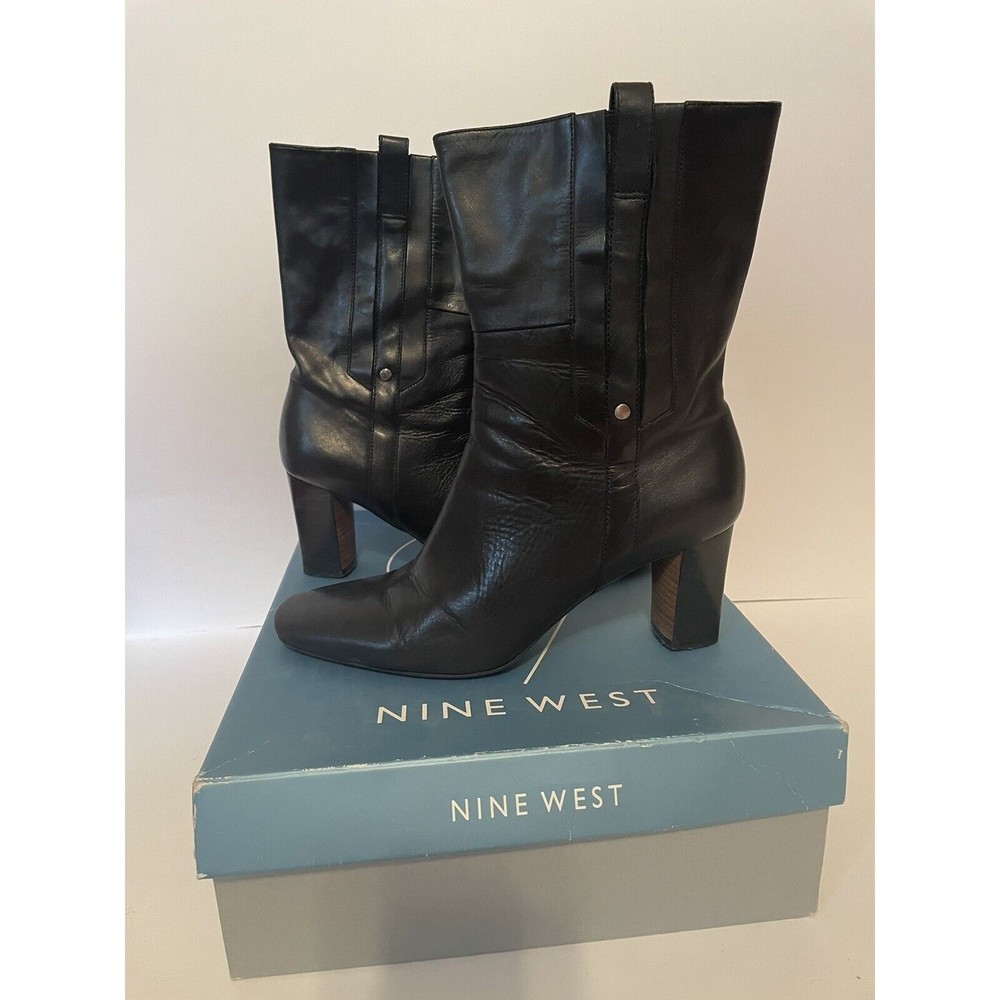 Nine West Womens 8.5 M Ealene Black  Leather Heeled Boot